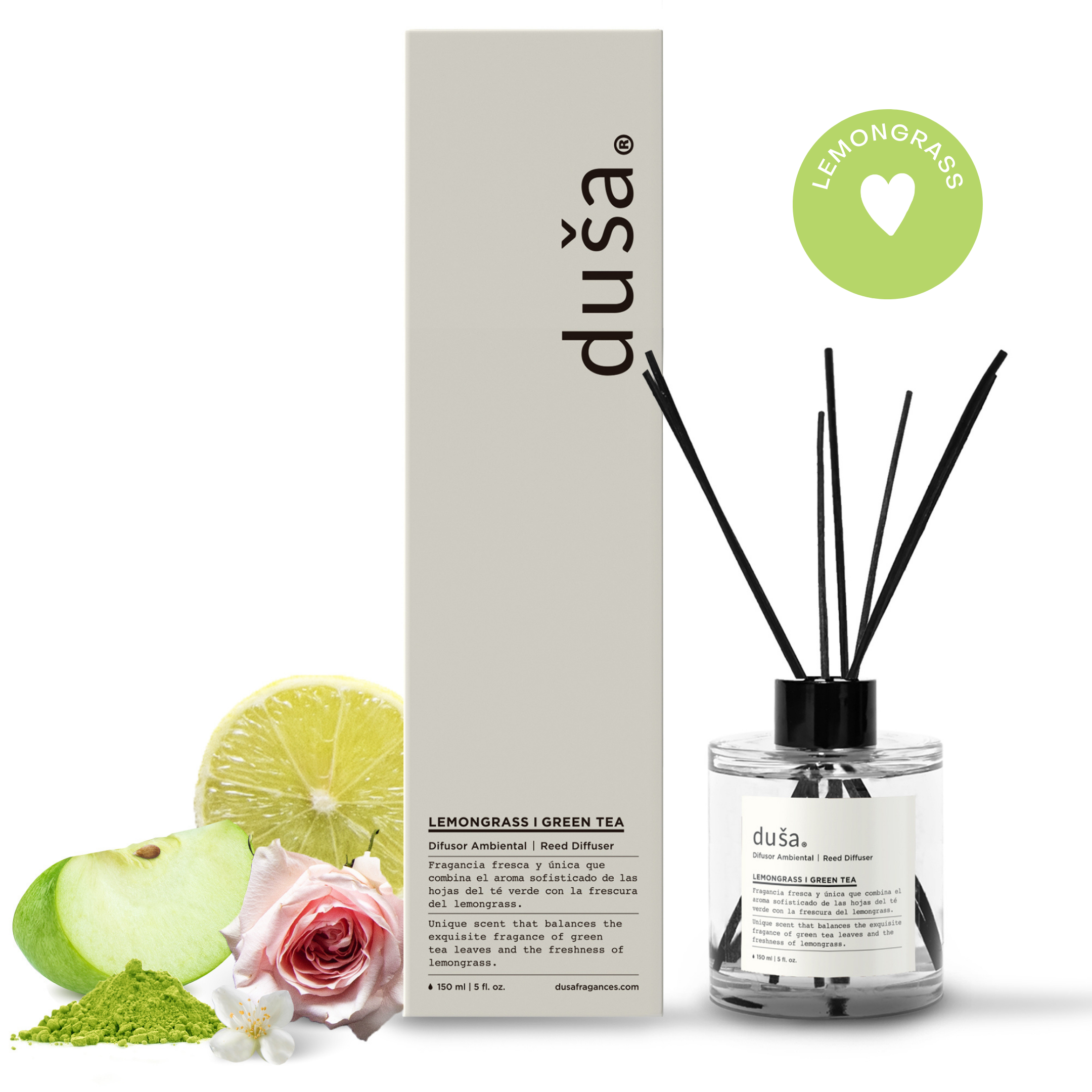 Lemongrass I Green Tea -Difusor de Varillas  | Difusor Ambiental Para el Hogar y la Oficina | Difusor de Aromas y Ambientadores - 150 ml